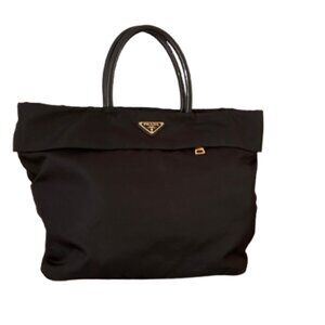 Vintage Prada Tessuto Nylon Tote – Black with Gold Hardware, Classic Logo